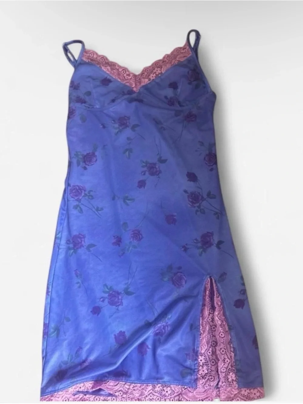 Motel Rocks Purple Floral Slip Dress with Pink Lace Trim - Picture 1 of 2